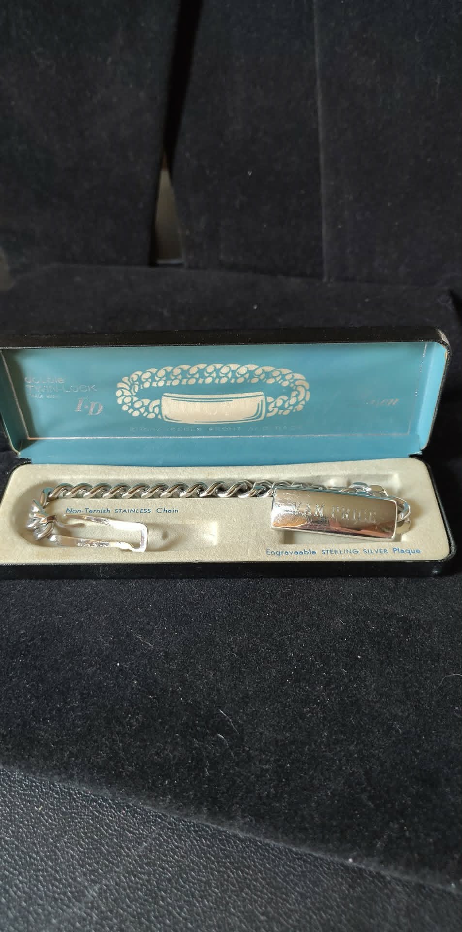 Vintage Anson double Twin-lock ID bracelet, sterling plaque, stainless chain