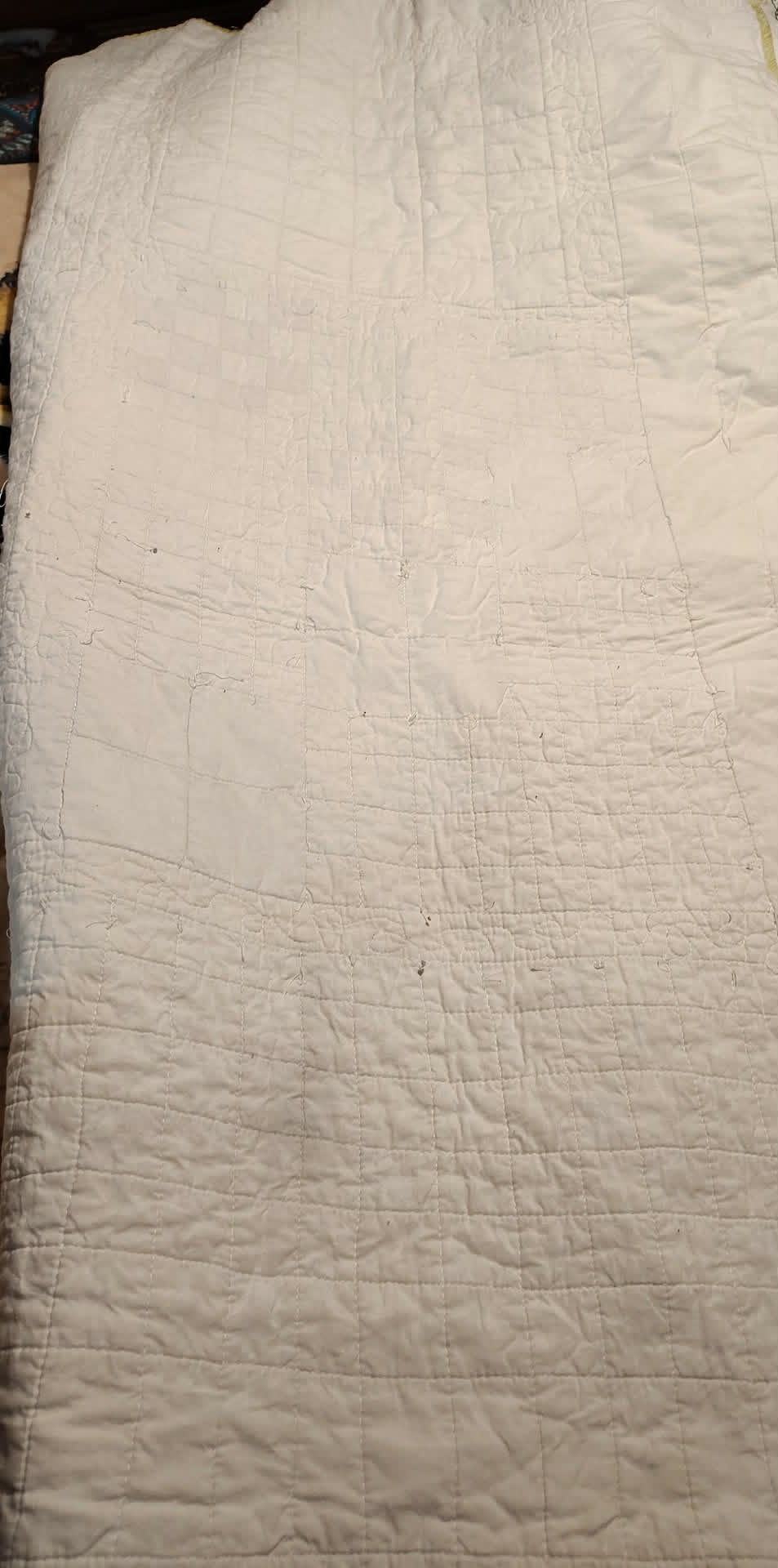 Vintage homemade checkerboard pastel 70x70 quilt, embroidered squares