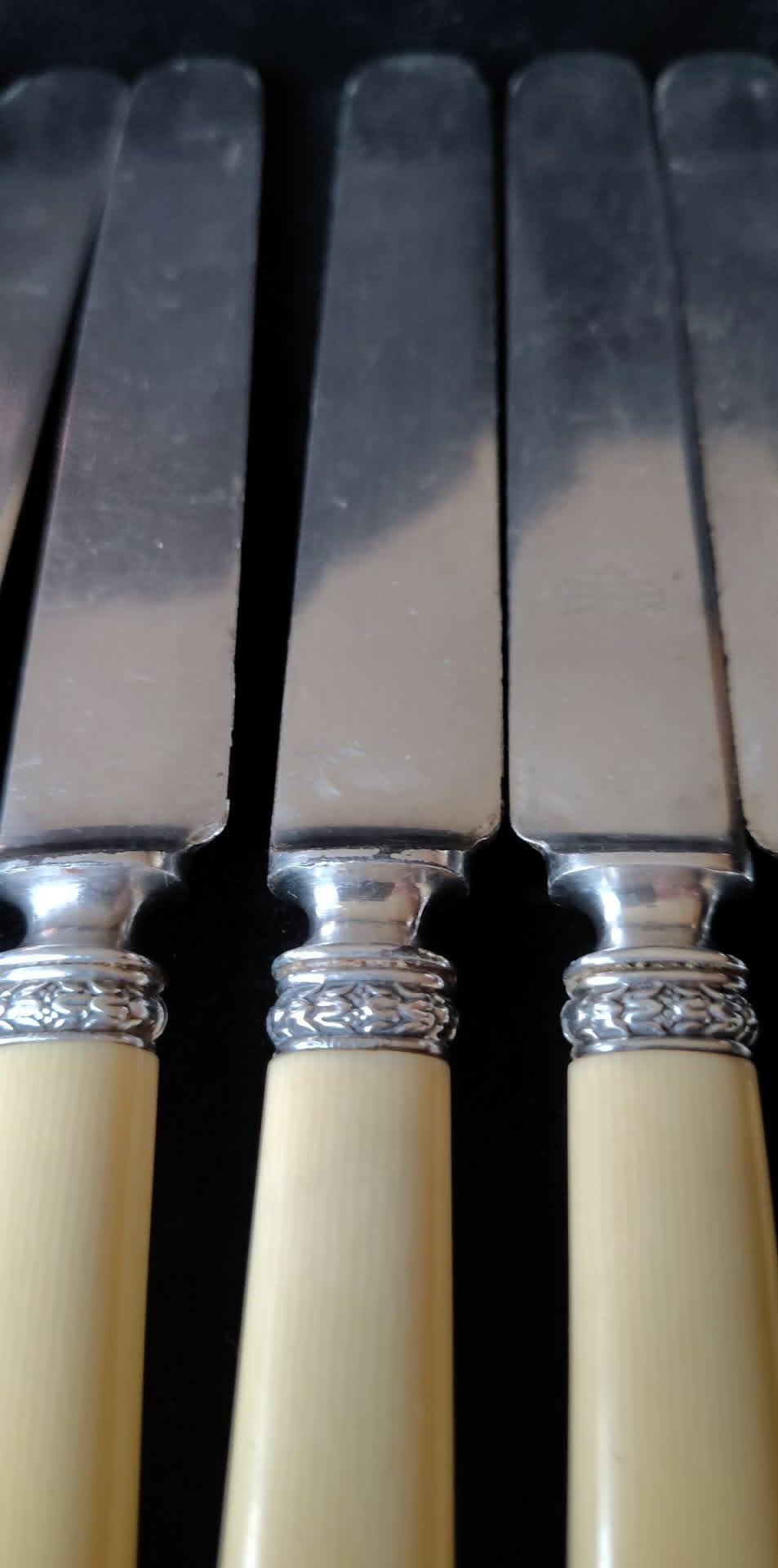 Vintage 6pc Sheffield knives, sterling bands, celluloid handles