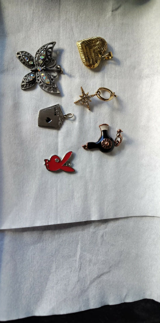 6pc lot pendant charms, butterfly, heart, star, enamel hairdryer, cards & enameled bunny