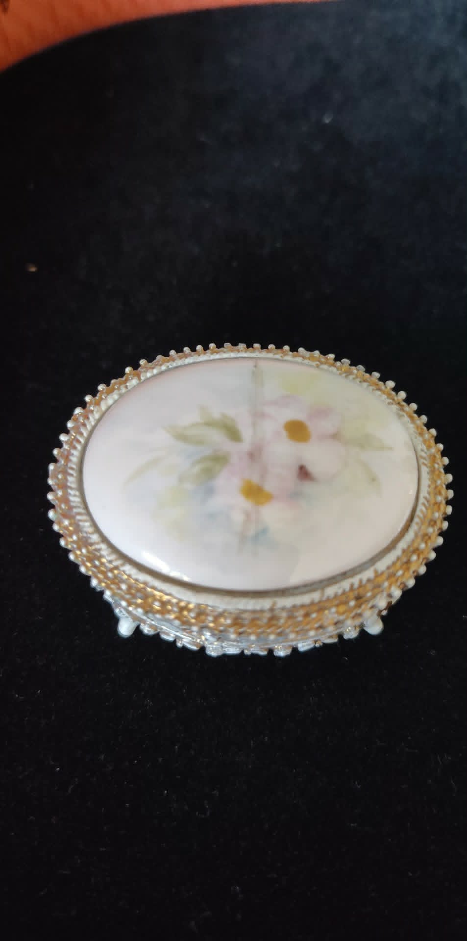 Vintage small trinket box, floral top--nice heavy frame