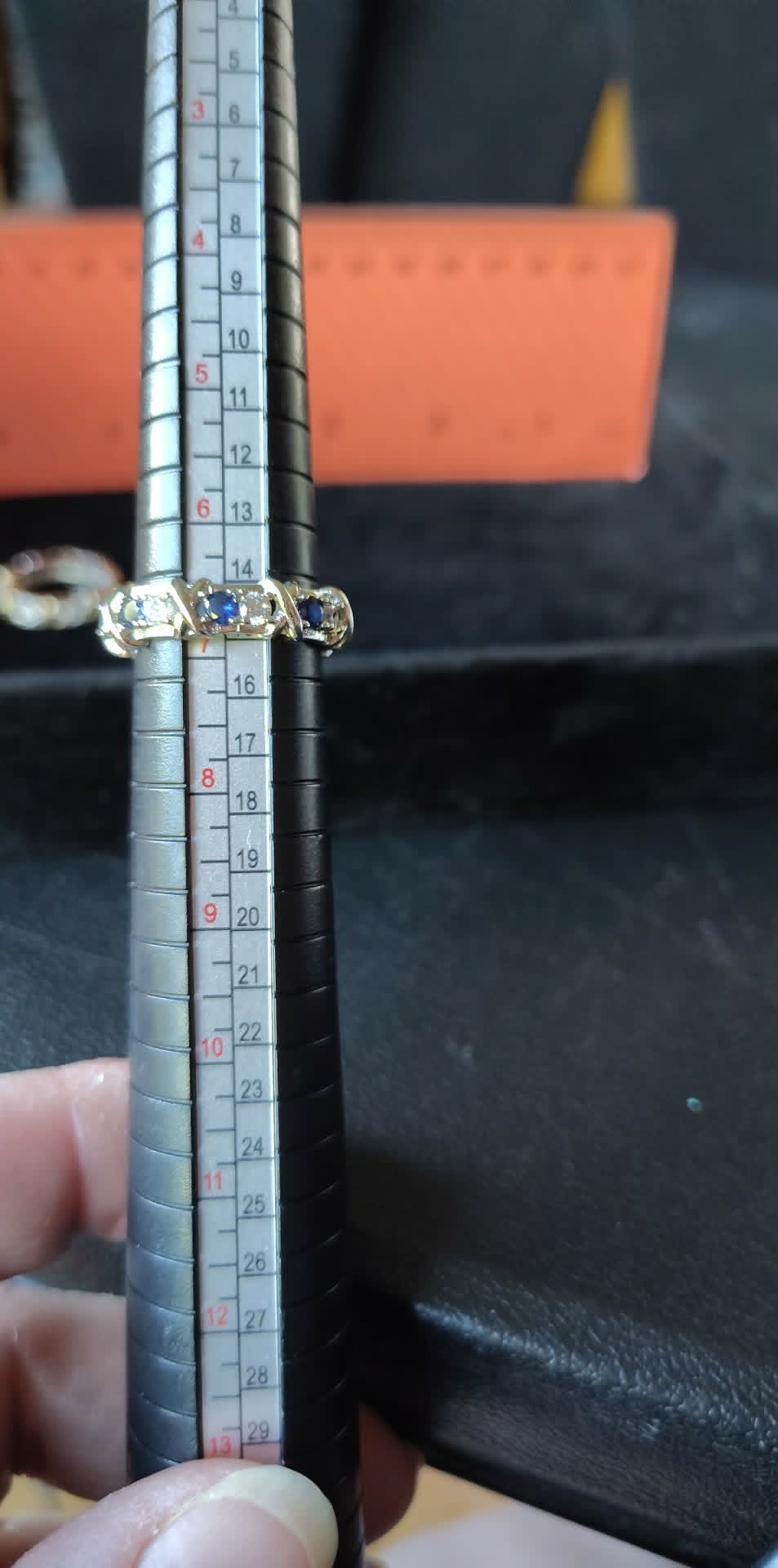 Vintage silver-toned blue & clear stoned ring, & gold-toned clear stoned cross hatch ring 6.75