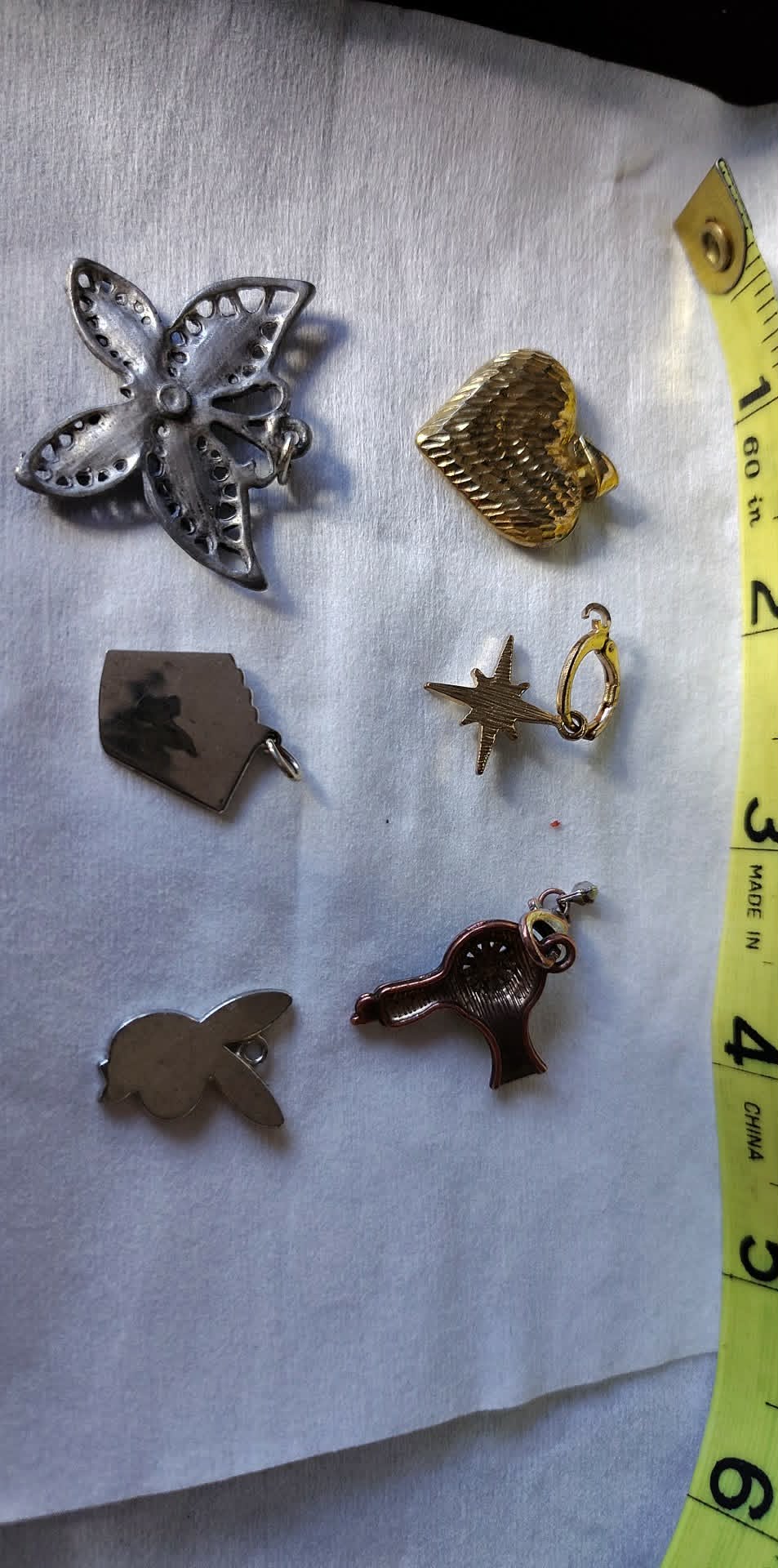 6pc lot pendant charms, butterfly, heart, star, enamel hairdryer, cards & enameled bunny