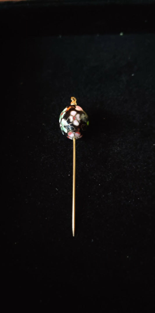 Vintage cloisonne floral hat lapel stick pin, black floral