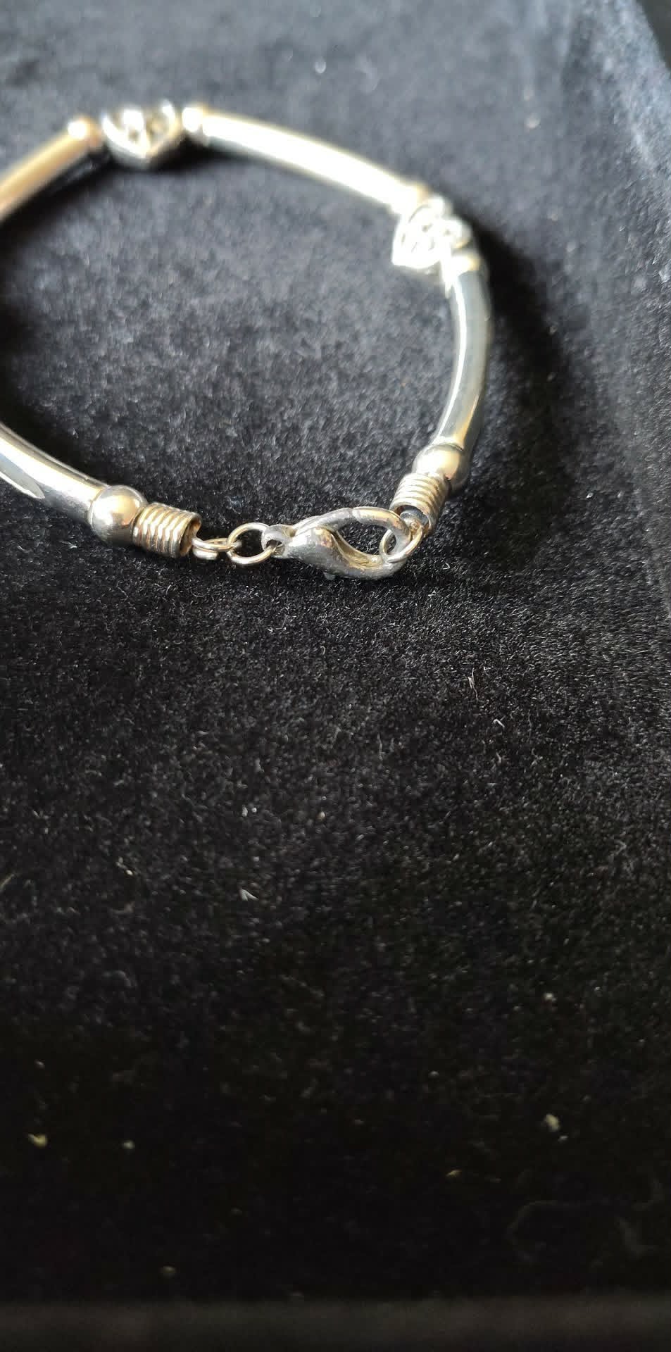 Vintage silver toned tube style bracelet, heart charms, sz 8