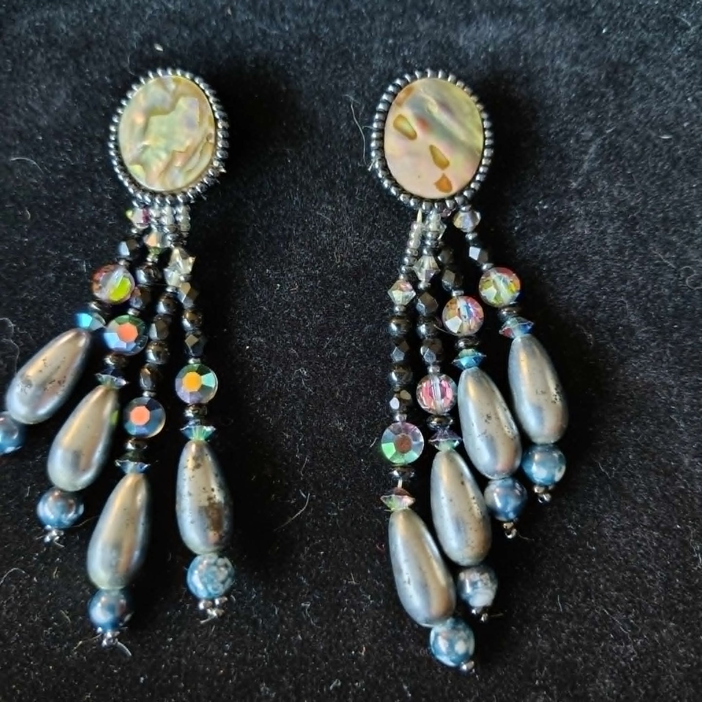 Vintage Mother of Pearl Abalone dangle clip-on earrings, beaded