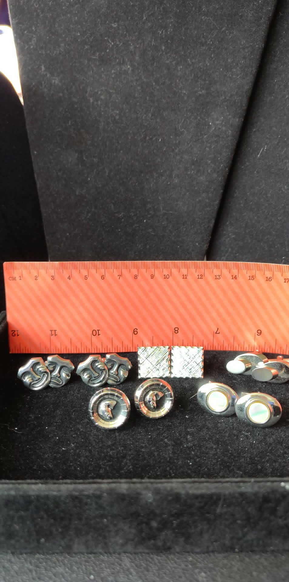 5pr Vintage cufflinks, comedy & tragedy, mother of pearl, bass fish